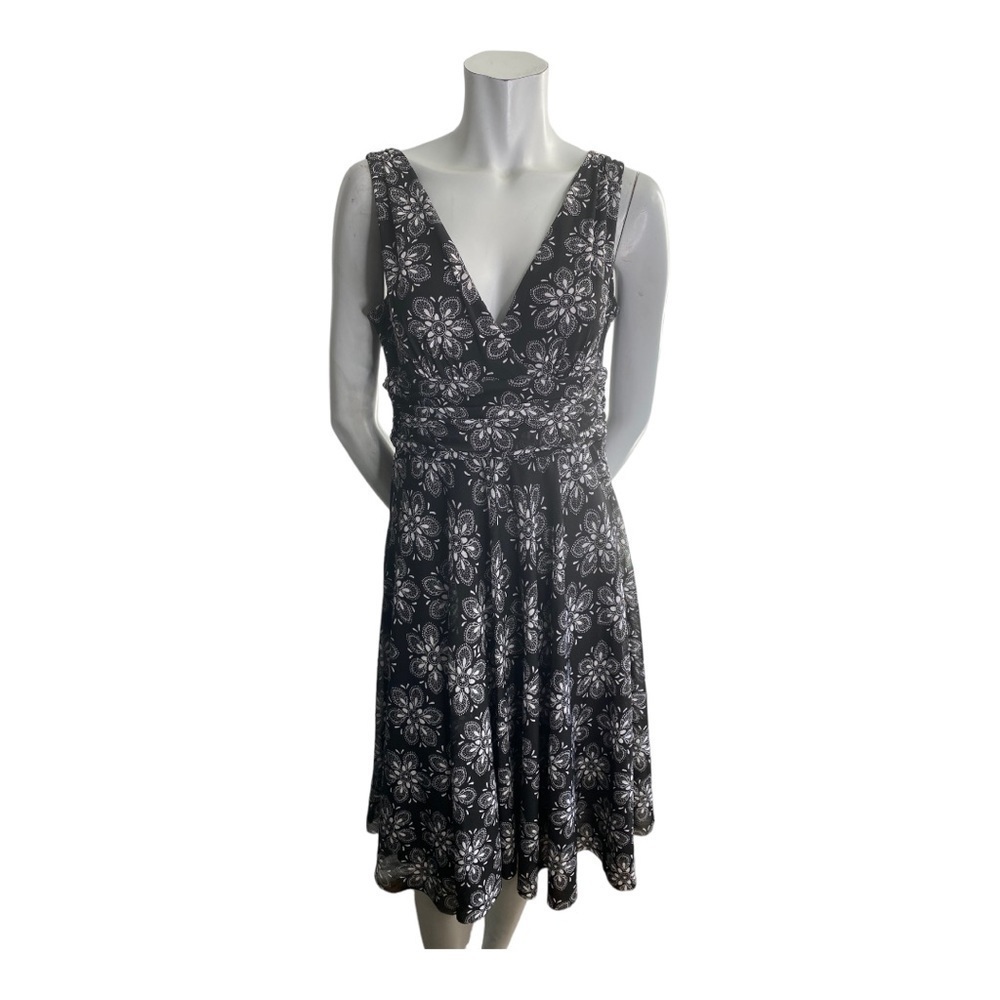 LONDON Time Black White Floral Mesh Sleeveless V Neck Dress Wide Waistband 12